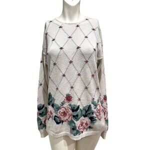Vintage Floral Roses Pattern Knit Pull Over Sweater Size Large